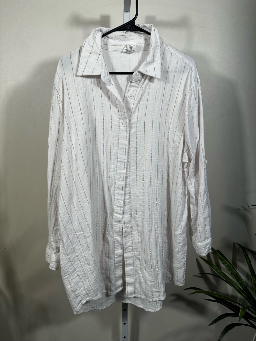 N67. Sol Borne- white Button-Up Shirt with Subtle Gold Stripe Detail